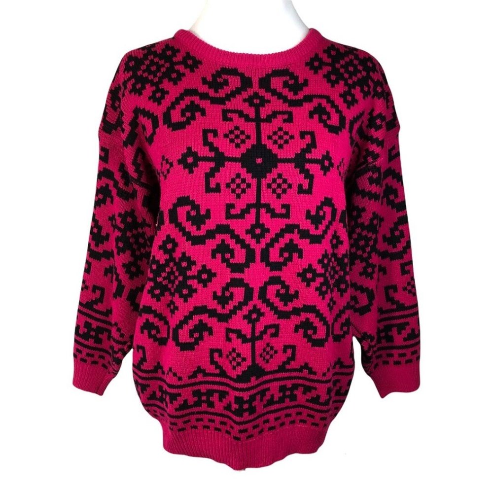 VTG Genesis 80s 90s Fushia Pink - Black Pullover Oversized Acrylic Knit Sweater